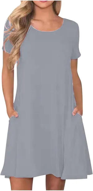 Borniu Women's Casual Summer Short Sleeve T Shirt Dress Dressy Plain Crew Neck Loose Solid Color Basic Dresses with Pockets