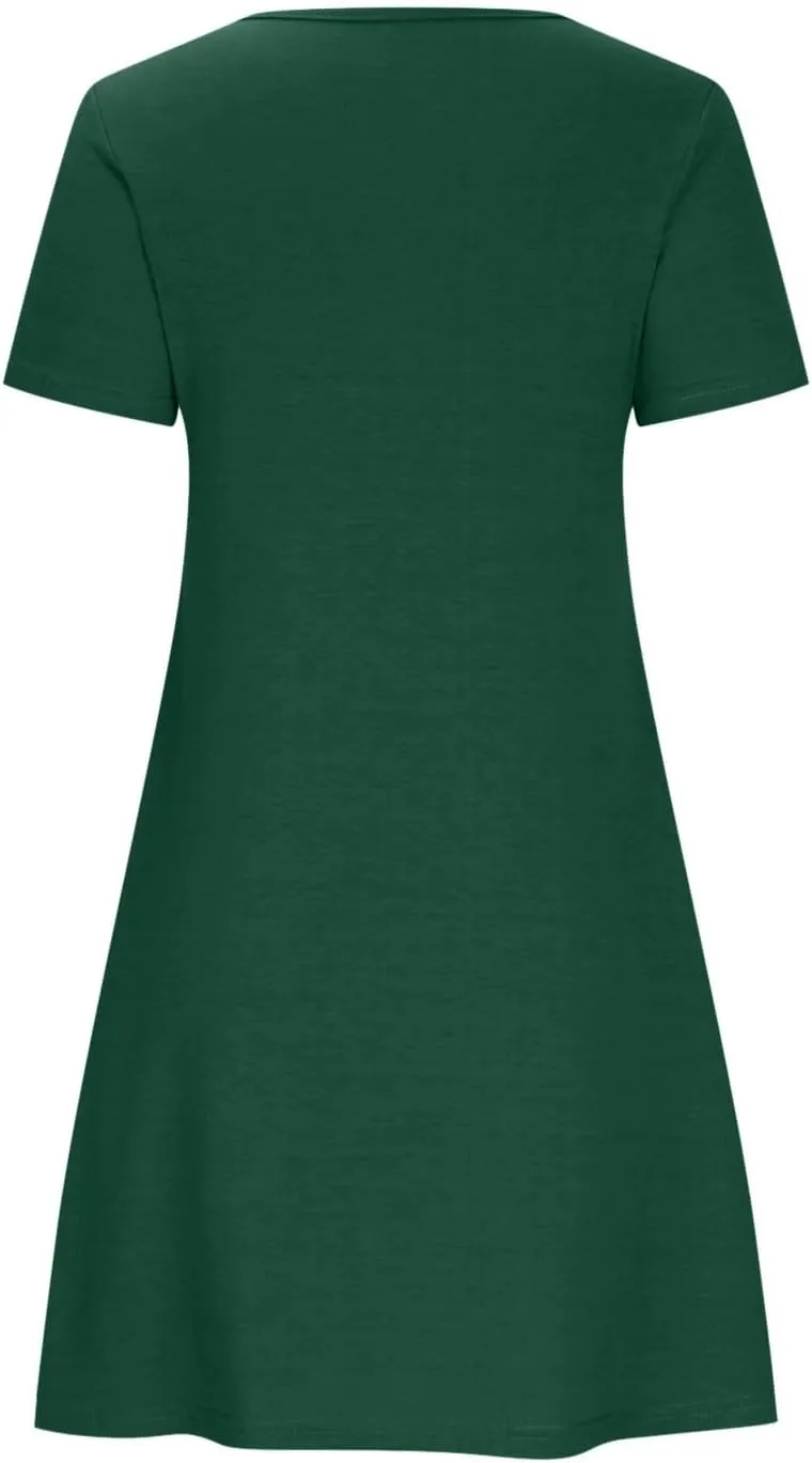Borniu Women's Casual Summer Short Sleeve T Shirt Dress Dressy Plain Crew Neck Loose Solid Color Basic Dresses with Pockets