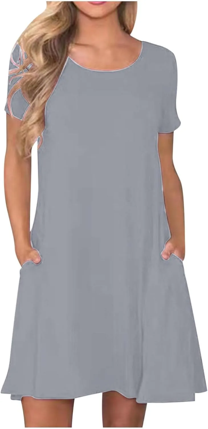 Borniu Women's Casual Summer Short Sleeve T Shirt Dress Dressy Plain Crew Neck Loose Solid Color Basic Dresses with Pockets