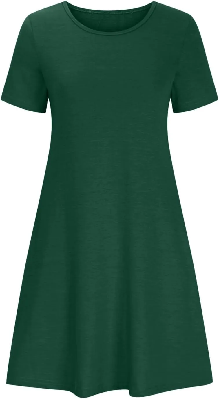 Borniu Women's Casual Summer Short Sleeve T Shirt Dress Dressy Plain Crew Neck Loose Solid Color Basic Dresses with Pockets