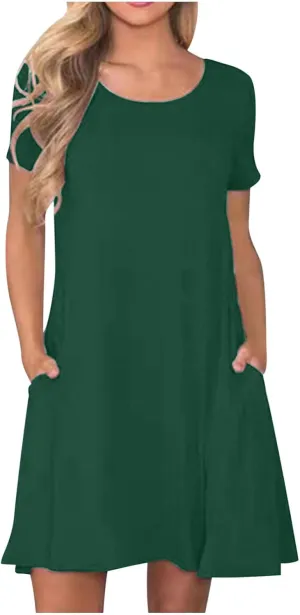 Borniu Women's Casual Summer Short Sleeve T Shirt Dress Dressy Plain Crew Neck Loose Solid Color Basic Dresses with Pockets