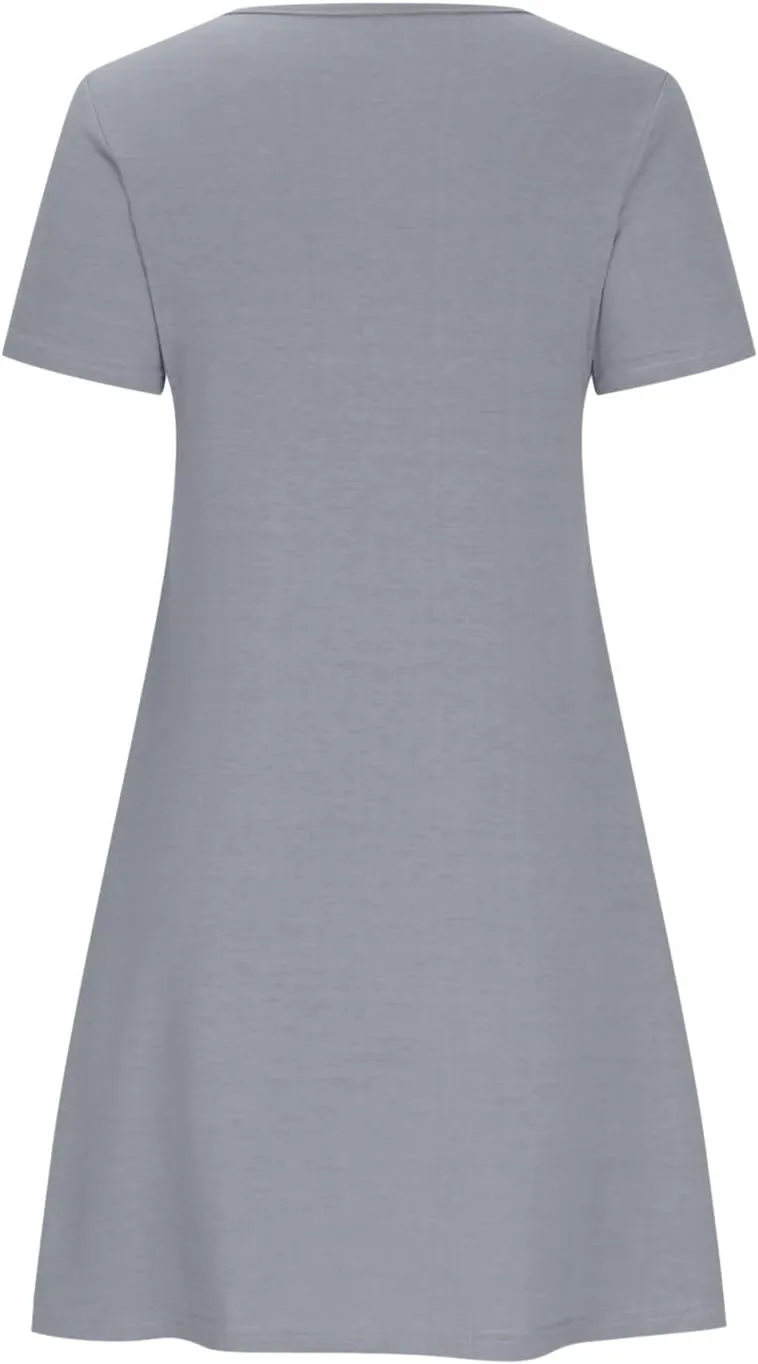 Borniu Women's Casual Summer Short Sleeve T Shirt Dress Dressy Plain Crew Neck Loose Solid Color Basic Dresses with Pockets