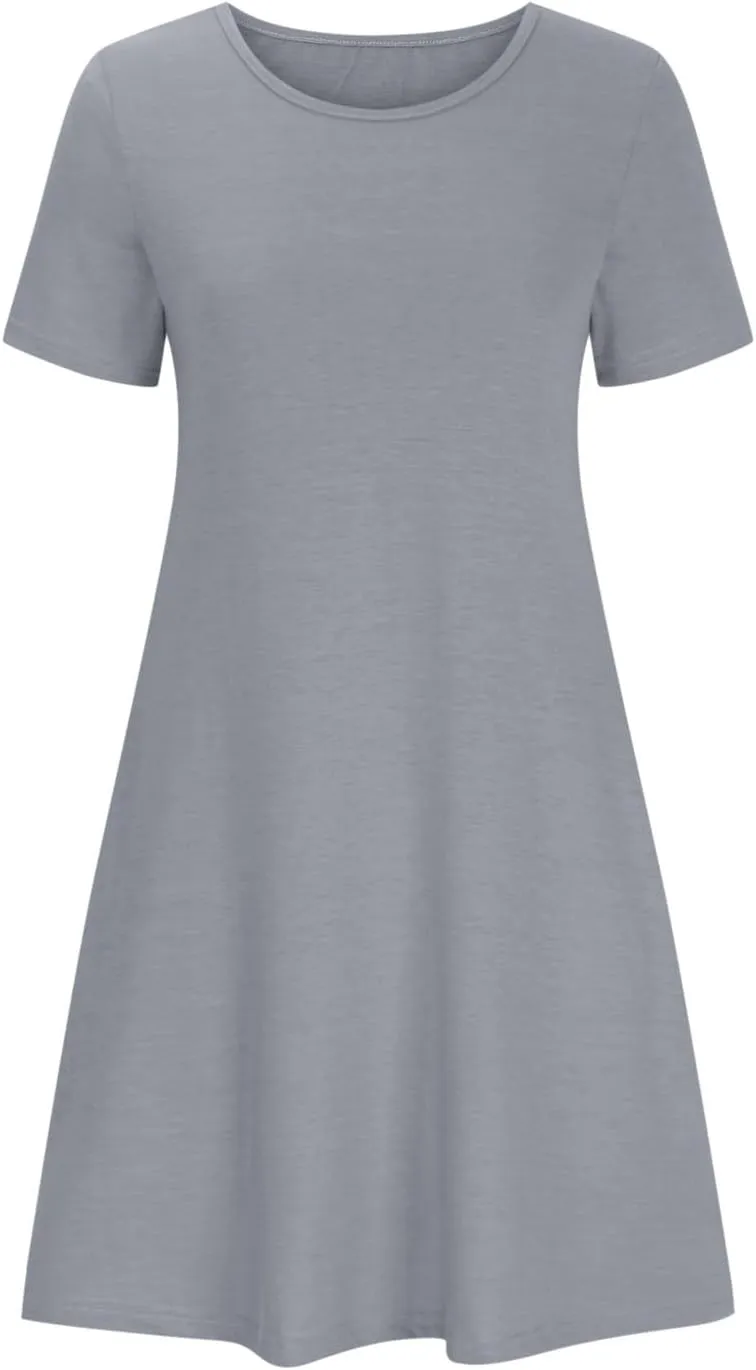 Borniu Women's Casual Summer Short Sleeve T Shirt Dress Dressy Plain Crew Neck Loose Solid Color Basic Dresses with Pockets