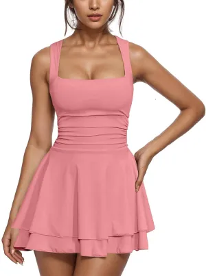 Borniu Women's Square Neck Ruffle Hem Mini Dress Ruched Waist Short Party Summer Casual Sleeveless Dresses Flowy Outfits