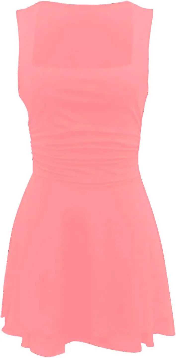 Borniu Women's Square Neck Ruffle Hem Mini Dress Ruched Waist Short Party Summer Casual Sleeveless Dresses Flowy Outfits