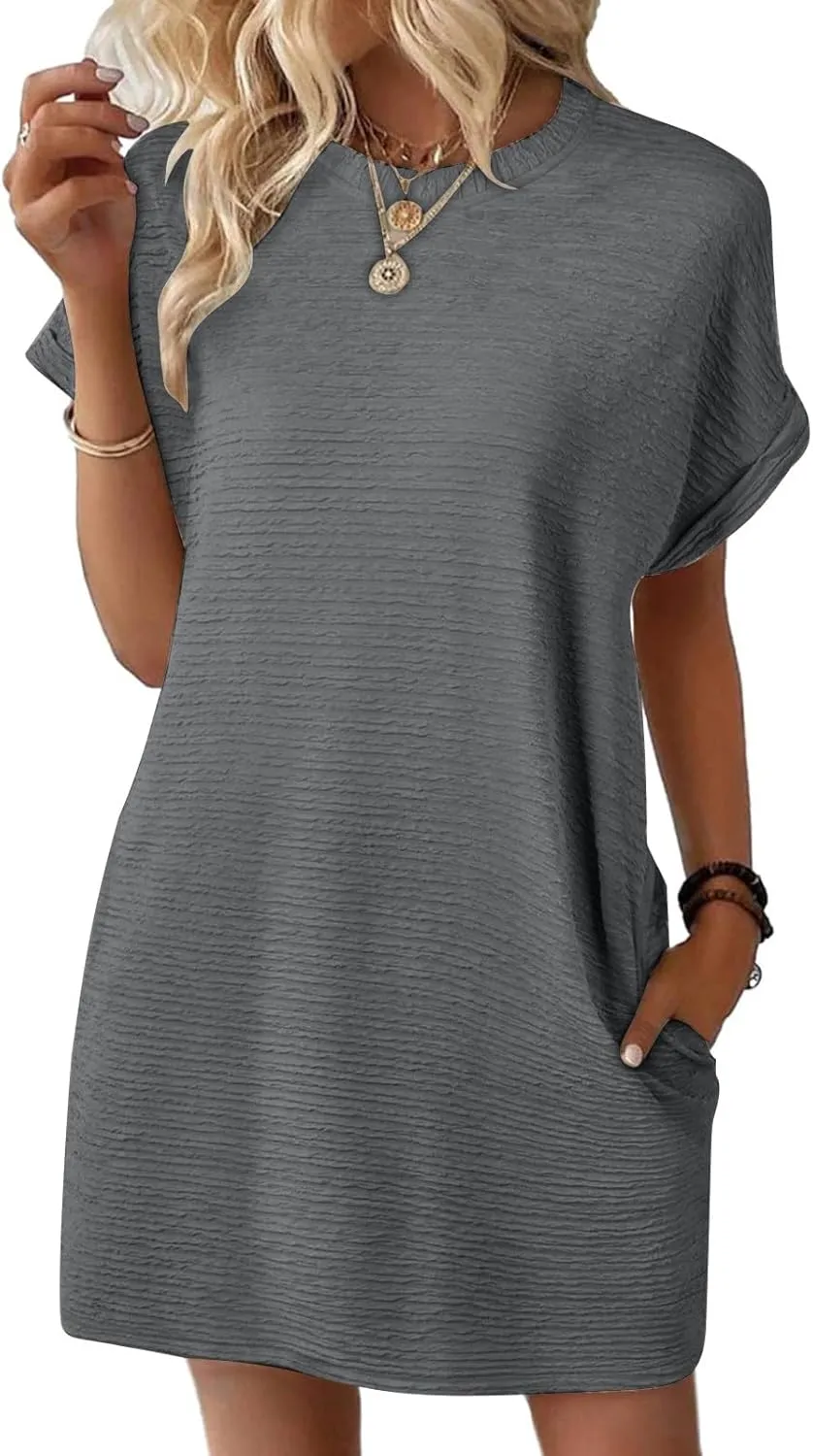 Borniu Womens Summer Beach Vocation Cute T Shirt Dress Casual Short Sleeve Crewneck Loose Flowy Mini Dresses with Pockets