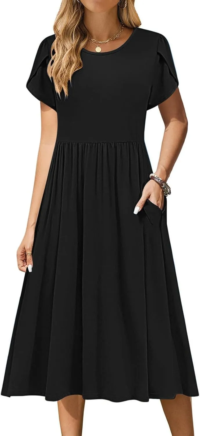 Borniu Women's Summer Casual Petal Short Sleeve T Shirts Maxi Dresses Flowy Crewneck Beach Vacation Sundress 2025 Outfits