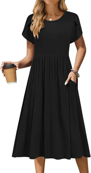 Borniu Women's Summer Casual Petal Short Sleeve T Shirts Maxi Dresses Flowy Crewneck Beach Vacation Sundress 2025 Outfits