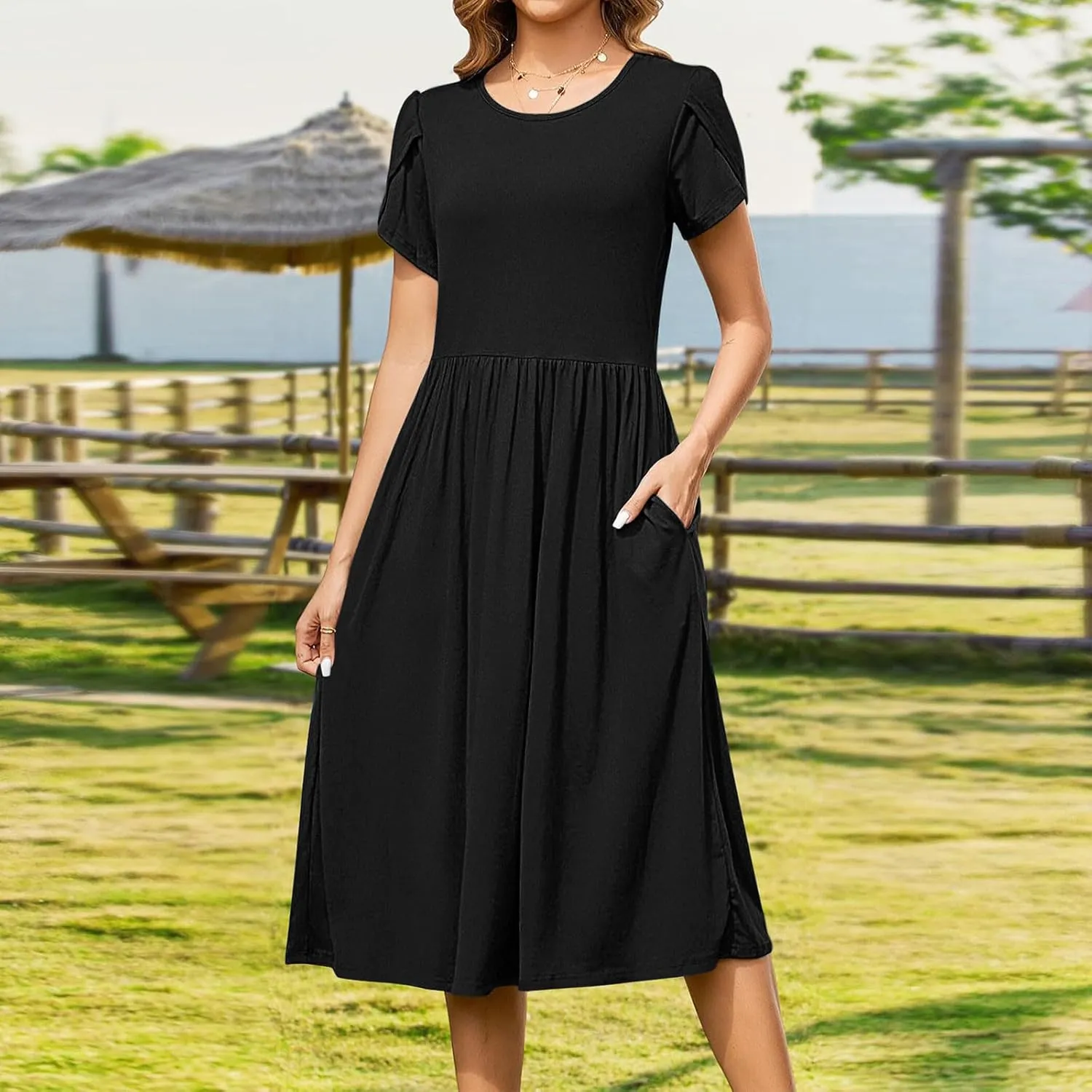Borniu Women's Summer Casual Petal Short Sleeve T Shirts Maxi Dresses Flowy Crewneck Beach Vacation Sundress 2025 Outfits