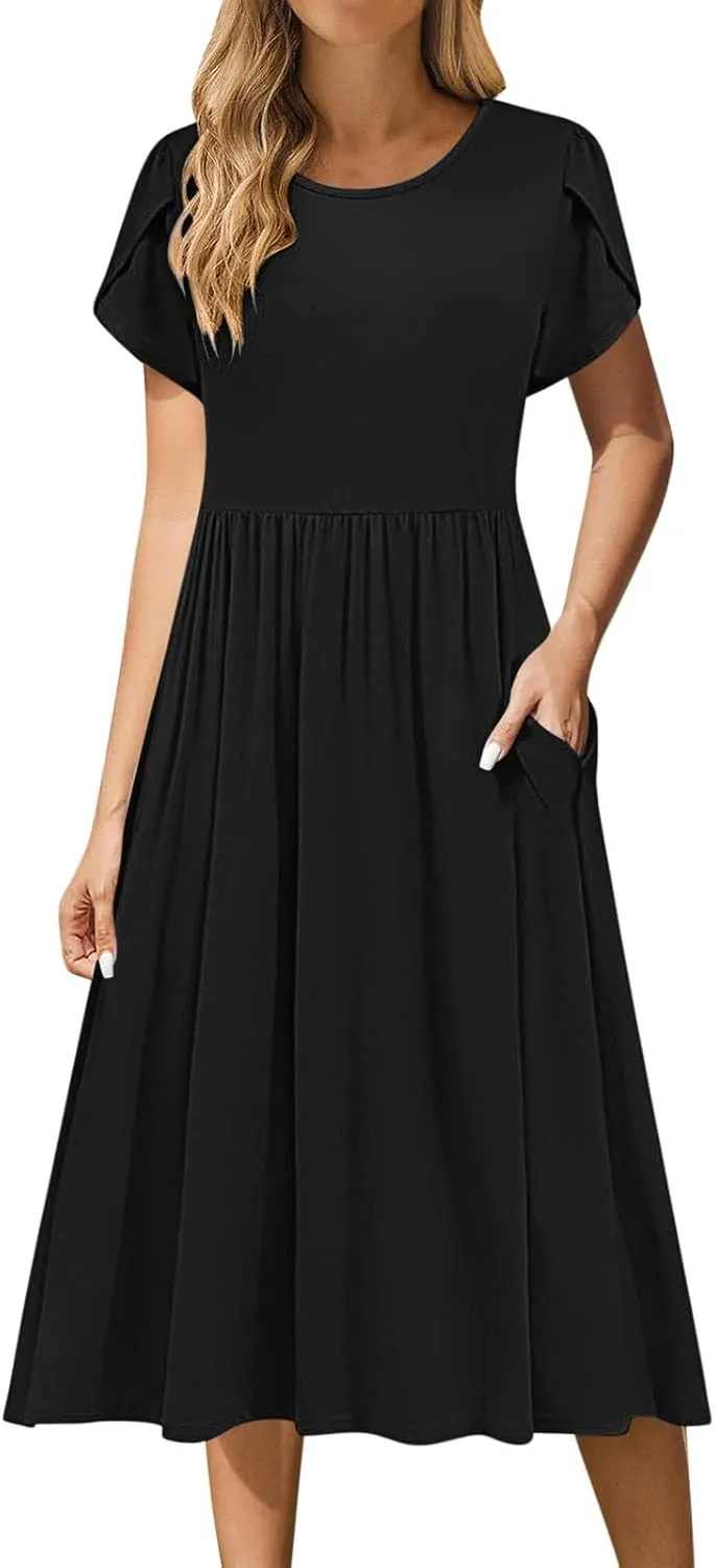Borniu Women's Summer Casual Petal Short Sleeve T Shirts Maxi Dresses Flowy Crewneck Beach Vacation Sundress 2025 Outfits