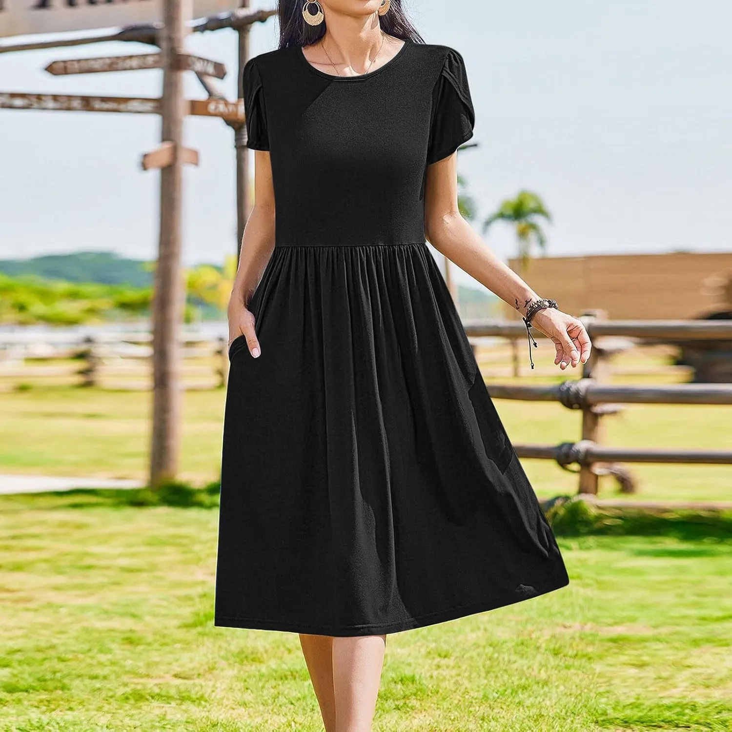 Borniu Women's Summer Casual Petal Short Sleeve T Shirts Maxi Dresses Flowy Crewneck Beach Vacation Sundress 2025 Outfits