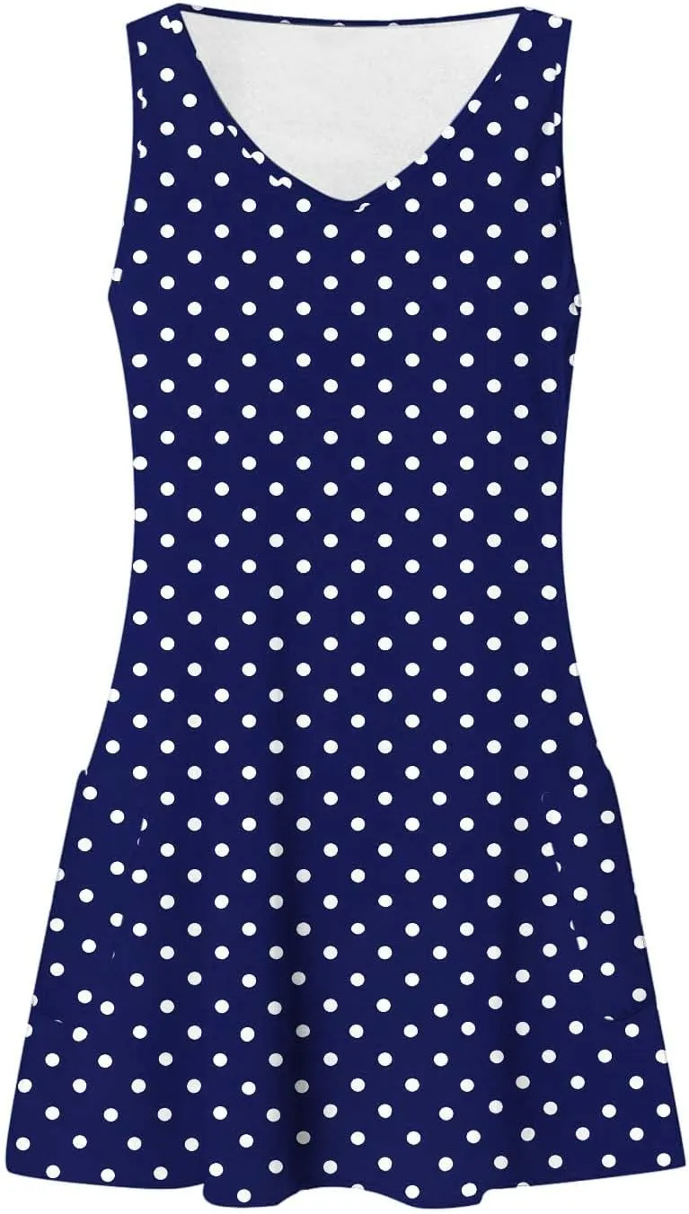 Borniu Women's Summer Casual V Neck Sundresses Polka Dots Knee Length Sleeveless A Line Tank Dress Beach Vocation Dresses