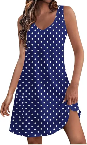 Borniu Women's Summer Casual V Neck Sundresses Polka Dots Knee Length Sleeveless A Line Tank Dress Beach Vocation Dresses