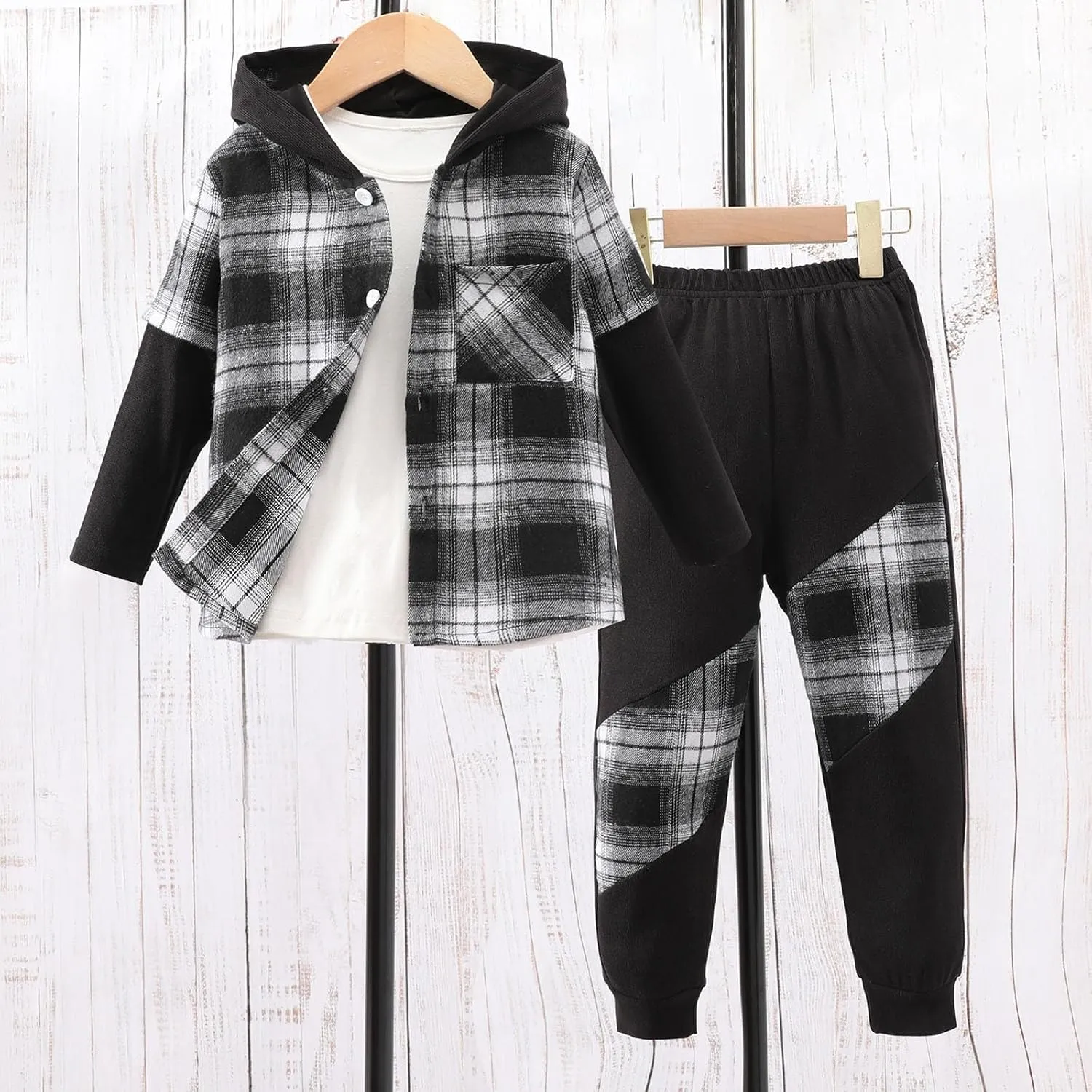 Boy's 2-Piece Tracksuits Button Front Pullover Hoodie and Jogger Pants Set Fall Winter Color Block Clothes Set