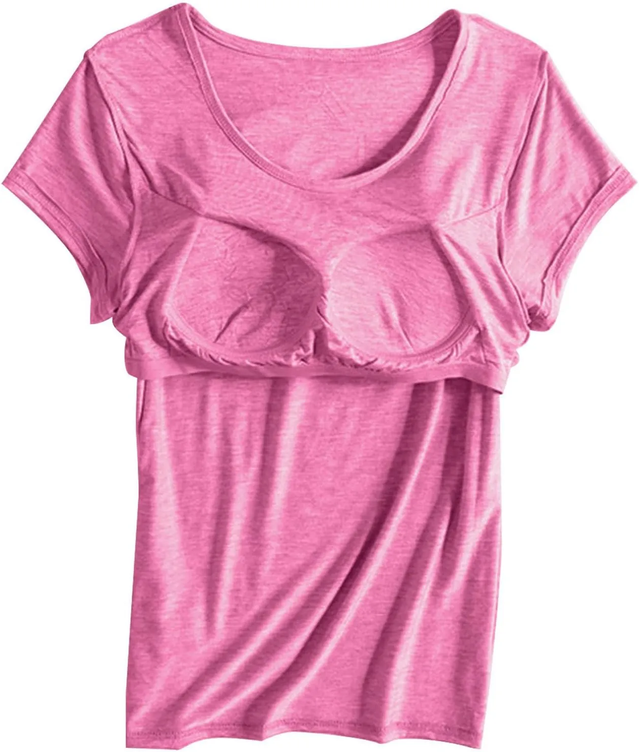 Built in Bra Tops for Women Summer Short Sleeve Solid Tops with Bra Pad Soft Lounge Clothes Trendy Outfits