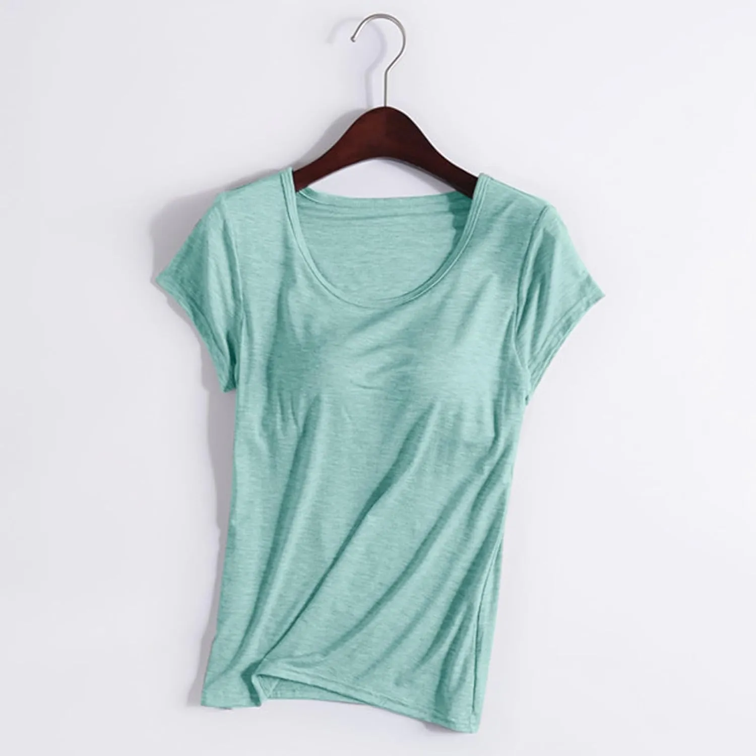 Built in Bra Tops for Women Summer Short Sleeve Solid Tops with Bra Pad Soft Lounge Clothes Trendy Outfits