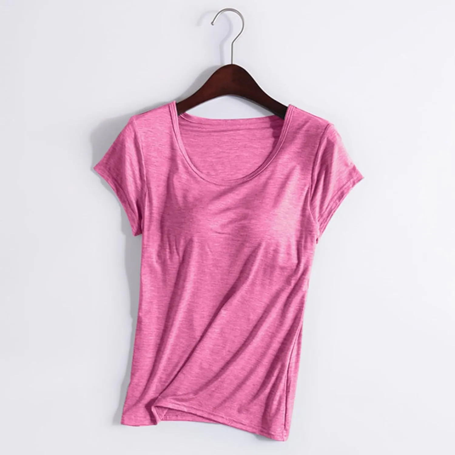 Built in Bra Tops for Women Summer Short Sleeve Solid Tops with Bra Pad Soft Lounge Clothes Trendy Outfits