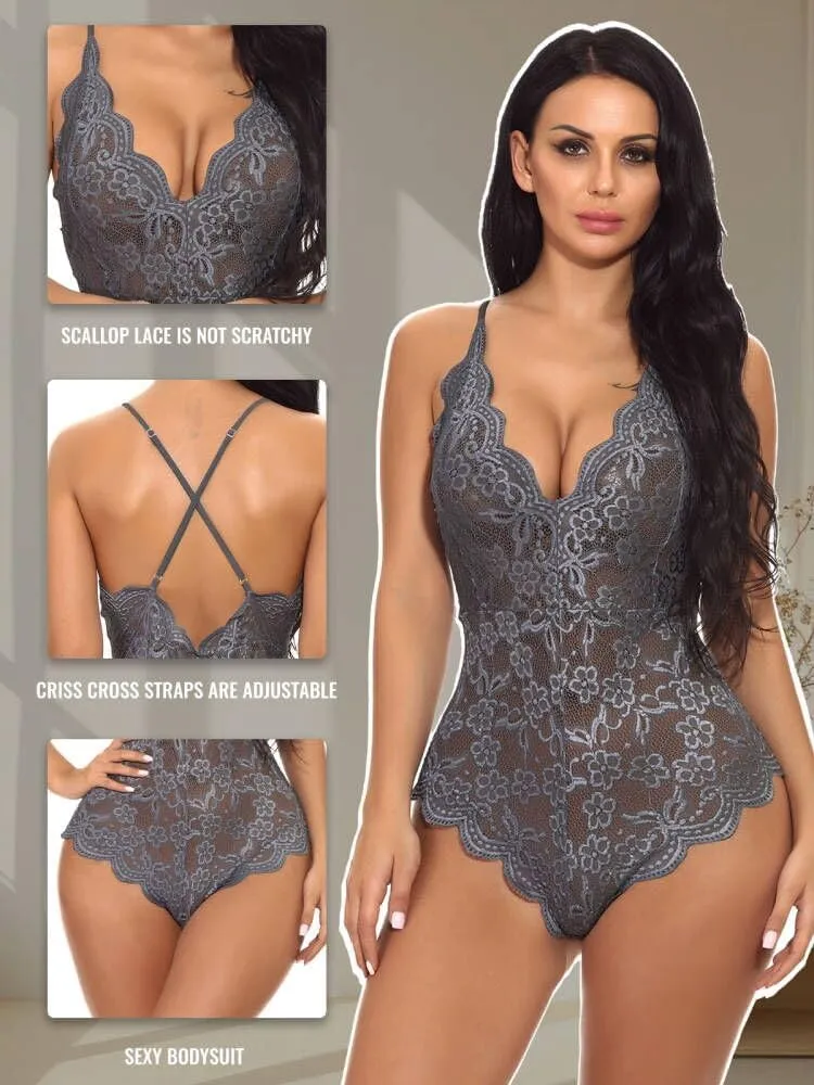 Buitifo Women Lace Bodysuit One Piece Babydoll Backless Mini Teddy V Neck Lingerie