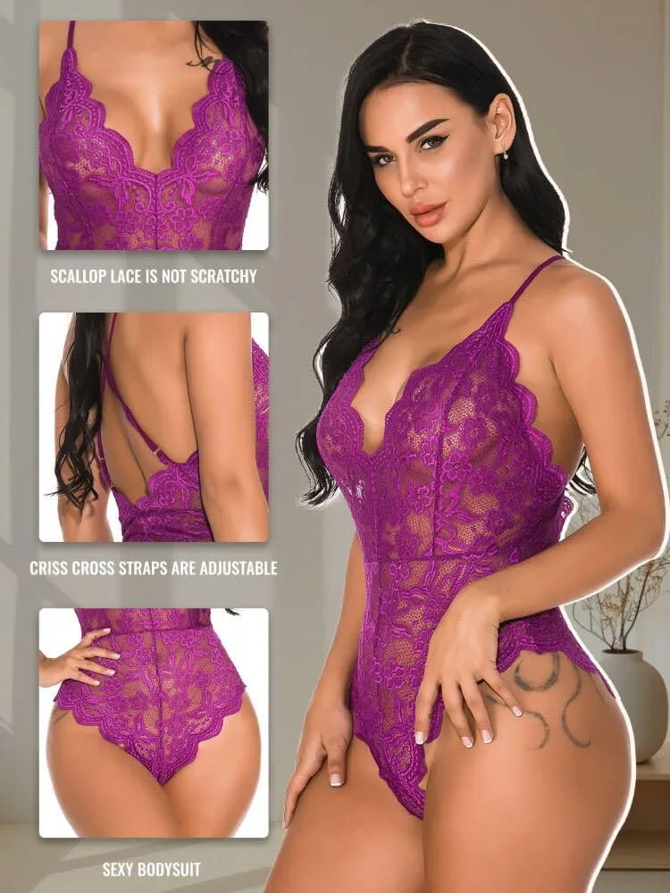 Buitifo Women Lace Bodysuit One Piece Babydoll Backless Mini Teddy V Neck Lingerie