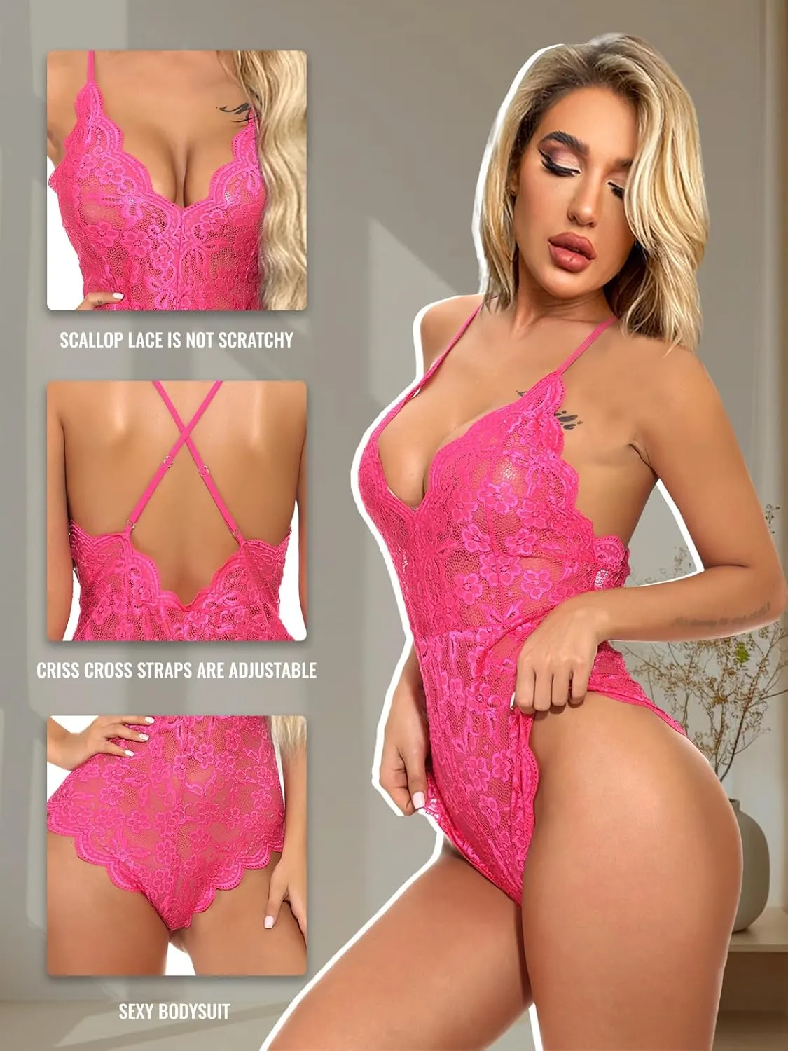 Buitifo Women Lace Bodysuit One Piece Babydoll Backless Mini Teddy V Neck Lingerie