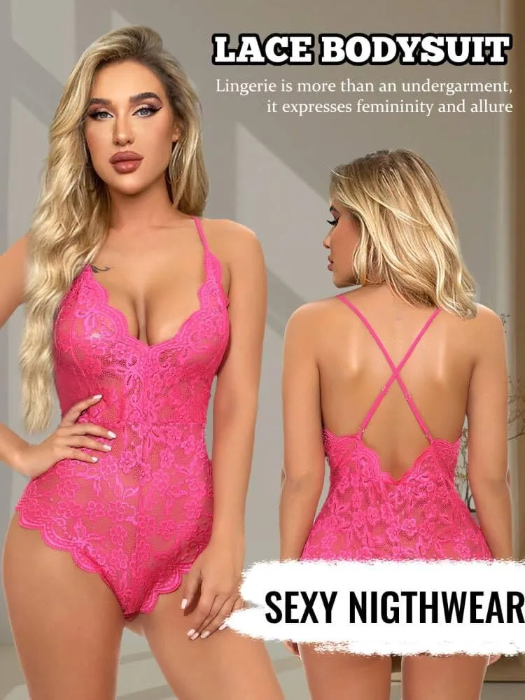 Buitifo Women Lace Bodysuit One Piece Babydoll Backless Mini Teddy V Neck Lingerie