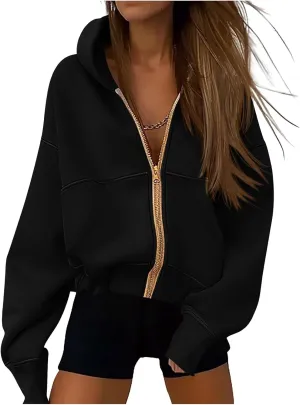 Canbebig Zip Up Hoodies Women Casual Cropped Sweatshirts Long Sleeve Fleece Hooded Jackets 2024 Trendy Fall Winter Clothes