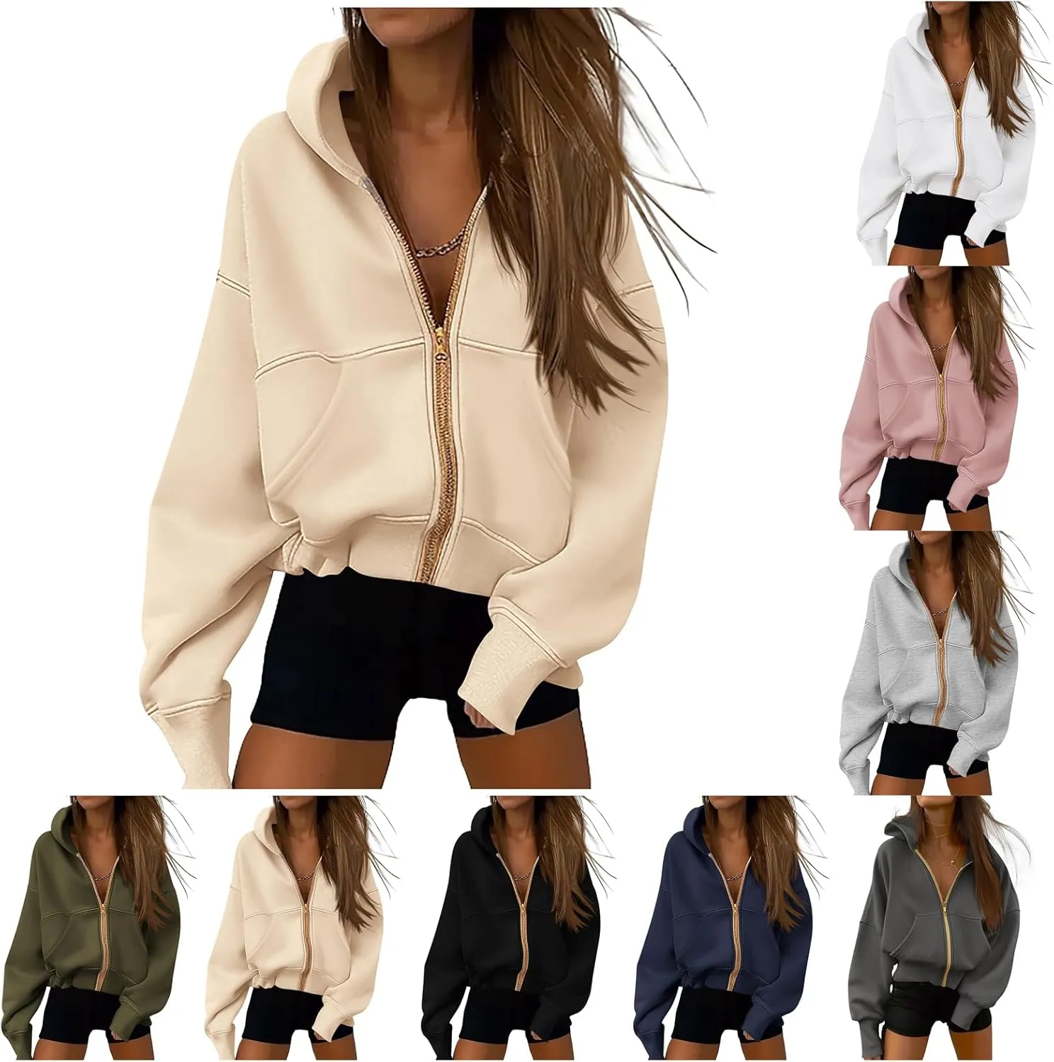 Canbebig Zip Up Hoodies Women Casual Cropped Sweatshirts Long Sleeve Fleece Hooded Jackets 2024 Trendy Fall Winter Clothes