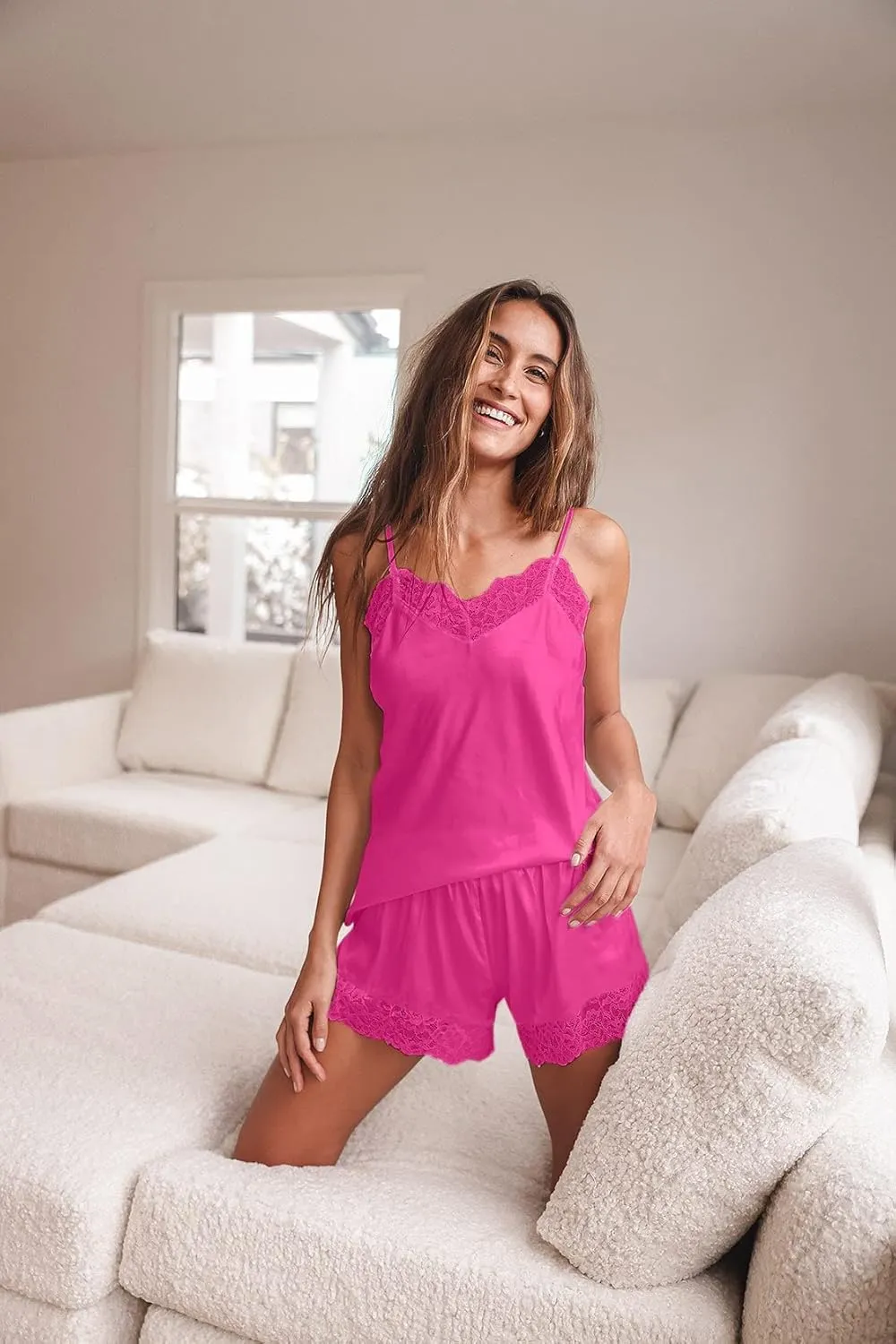 CHYRII Women's Sexy Silk Satin Pajamas Sets Lace Trim Cami Tops Shorts Sleepwear