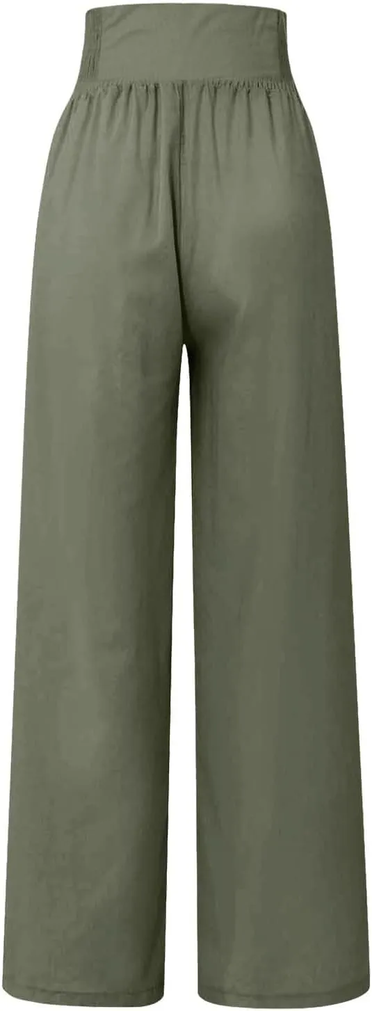 Comfy Pants Women Casual Long Elastic Waist Lounge Trousers Wide Leg Relax Fit Linen Vacation Palazzo Sweatpants