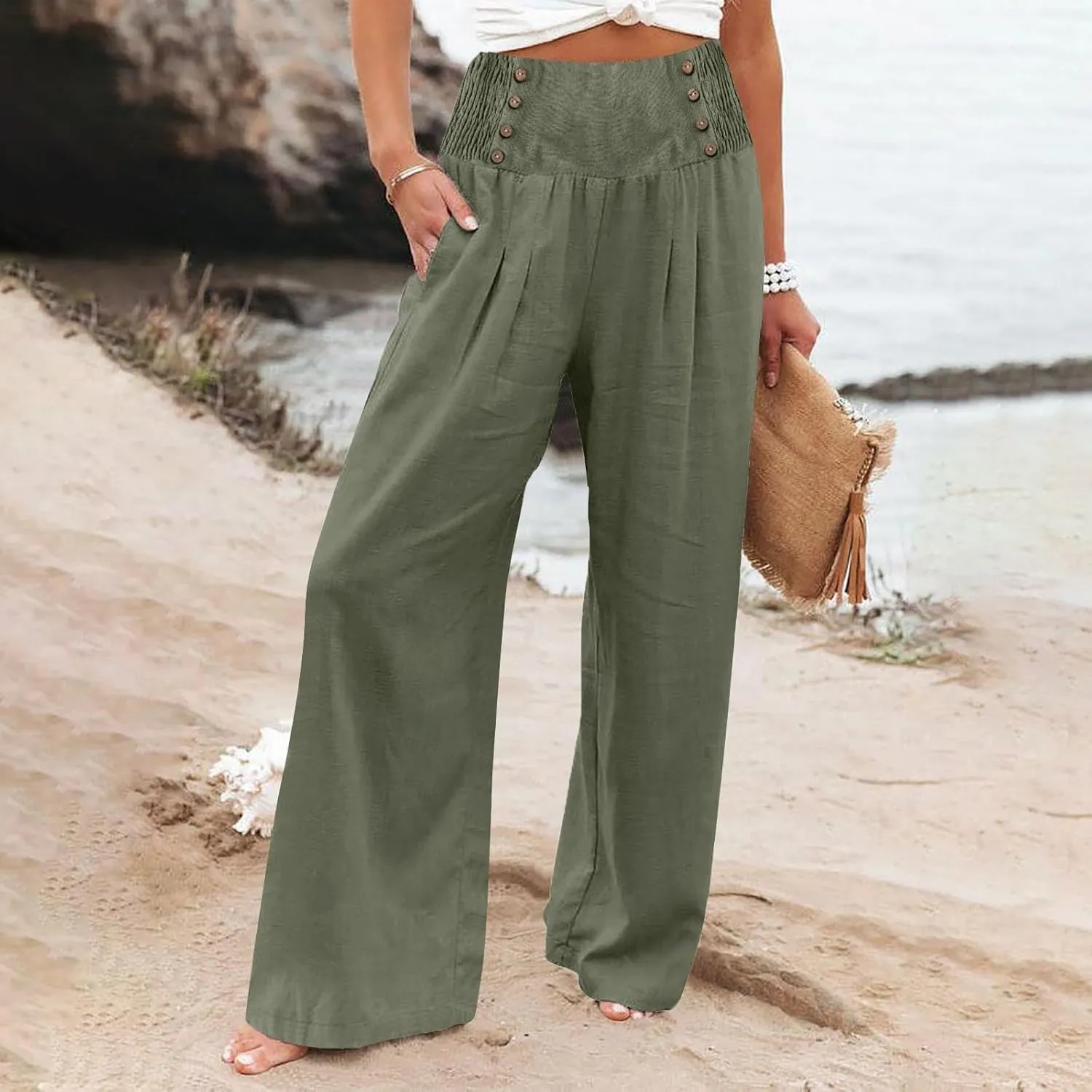 Comfy Pants Women Casual Long Elastic Waist Lounge Trousers Wide Leg Relax Fit Linen Vacation Palazzo Sweatpants