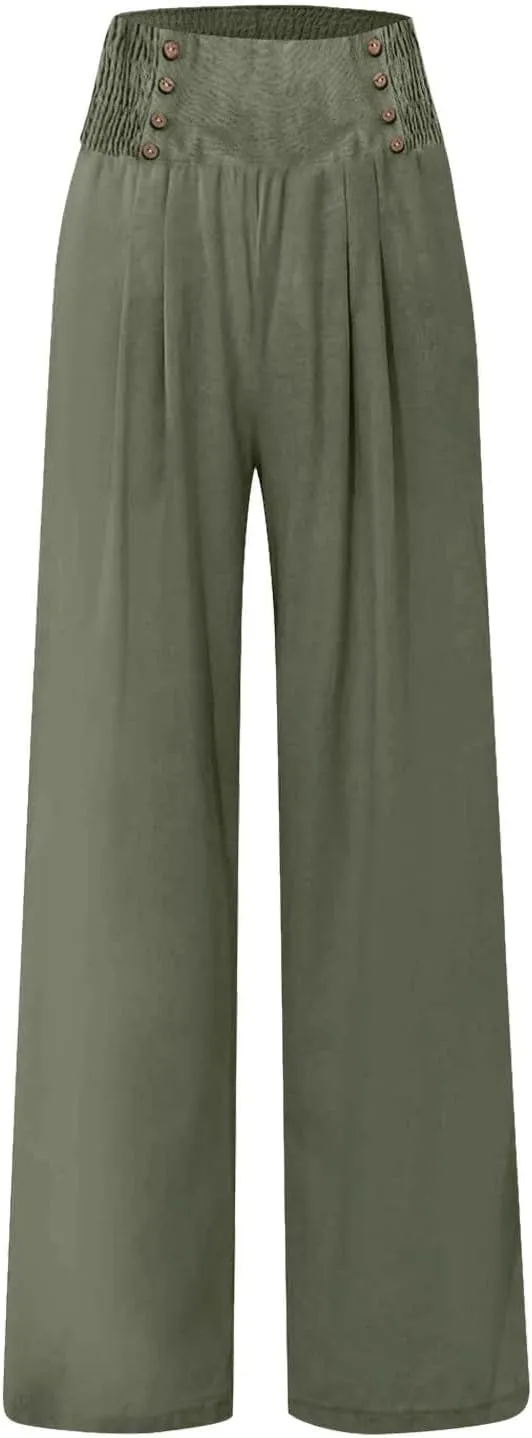 Comfy Pants Women Casual Long Elastic Waist Lounge Trousers Wide Leg Relax Fit Linen Vacation Palazzo Sweatpants