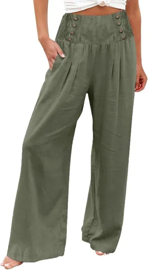 Comfy Pants Women Casual Long Elastic Waist Lounge Trousers Wide Leg Relax Fit Linen Vacation Palazzo Sweatpants