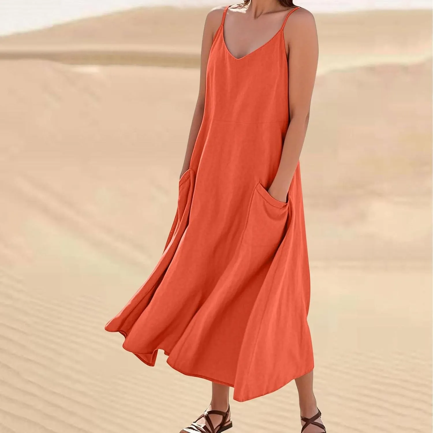 Cotton Linen Maxi Dress for Women Spaghetti Strap Summer Boho Casual Beach Dresses Solid Long Dress Vacation Outfits