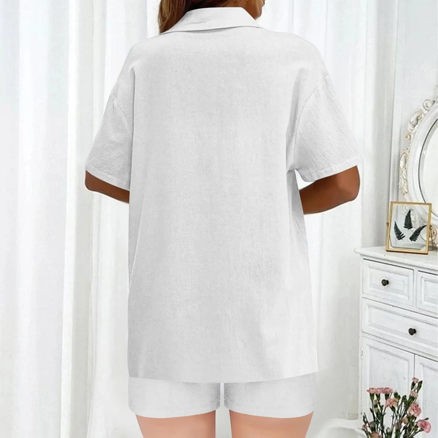 Cotton Linen Outfits for Women 2 Piece Sets Short Sleeve Button Dwon Shirt and Short Pockets Casual Loose Top Summer