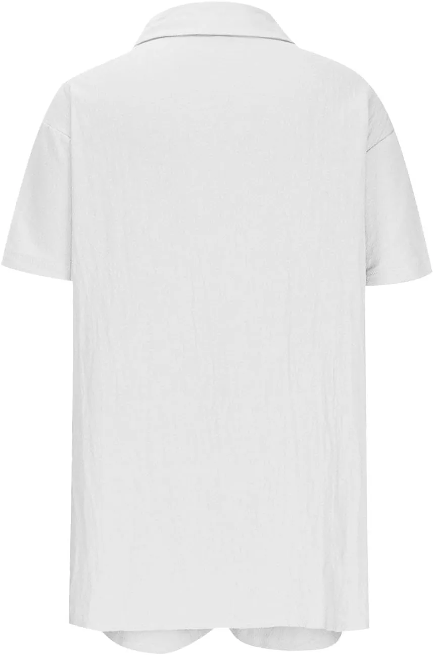 Cotton Linen Outfits for Women 2 Piece Sets Short Sleeve Button Dwon Shirt and Short Pockets Casual Loose Top Summer