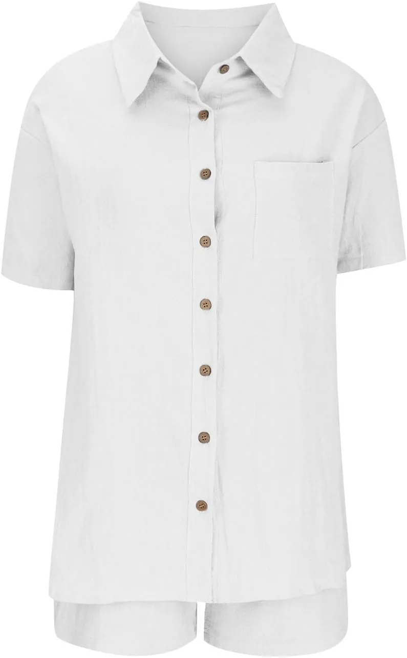 Cotton Linen Outfits for Women 2 Piece Sets Short Sleeve Button Dwon Shirt and Short Pockets Casual Loose Top Summer
