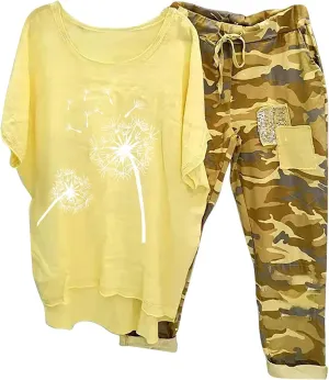 Cotton Linen Sets for Women 2 Piece Dressy Outfits Plus Size Matching Sets Short Sleeve Graphic Tees Camo Capri Pants