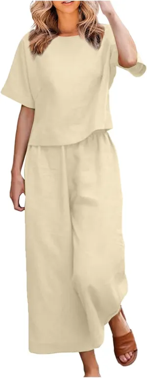 Cotton Linen Sets for Women 2 Piece Lounge Set Summer Outfits Short Sleeve Crop Top Wide Leg Capri Pants with Pockets
