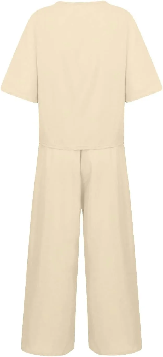 Cotton Linen Sets for Women 2 Piece Lounge Set Summer Outfits Short Sleeve Crop Top Wide Leg Capri Pants with Pockets