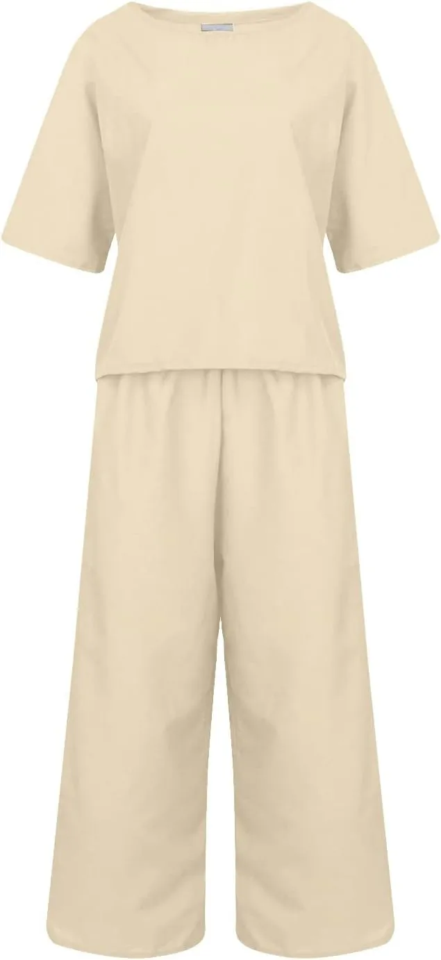 Cotton Linen Sets for Women 2 Piece Lounge Set Summer Outfits Short Sleeve Crop Top Wide Leg Capri Pants with Pockets