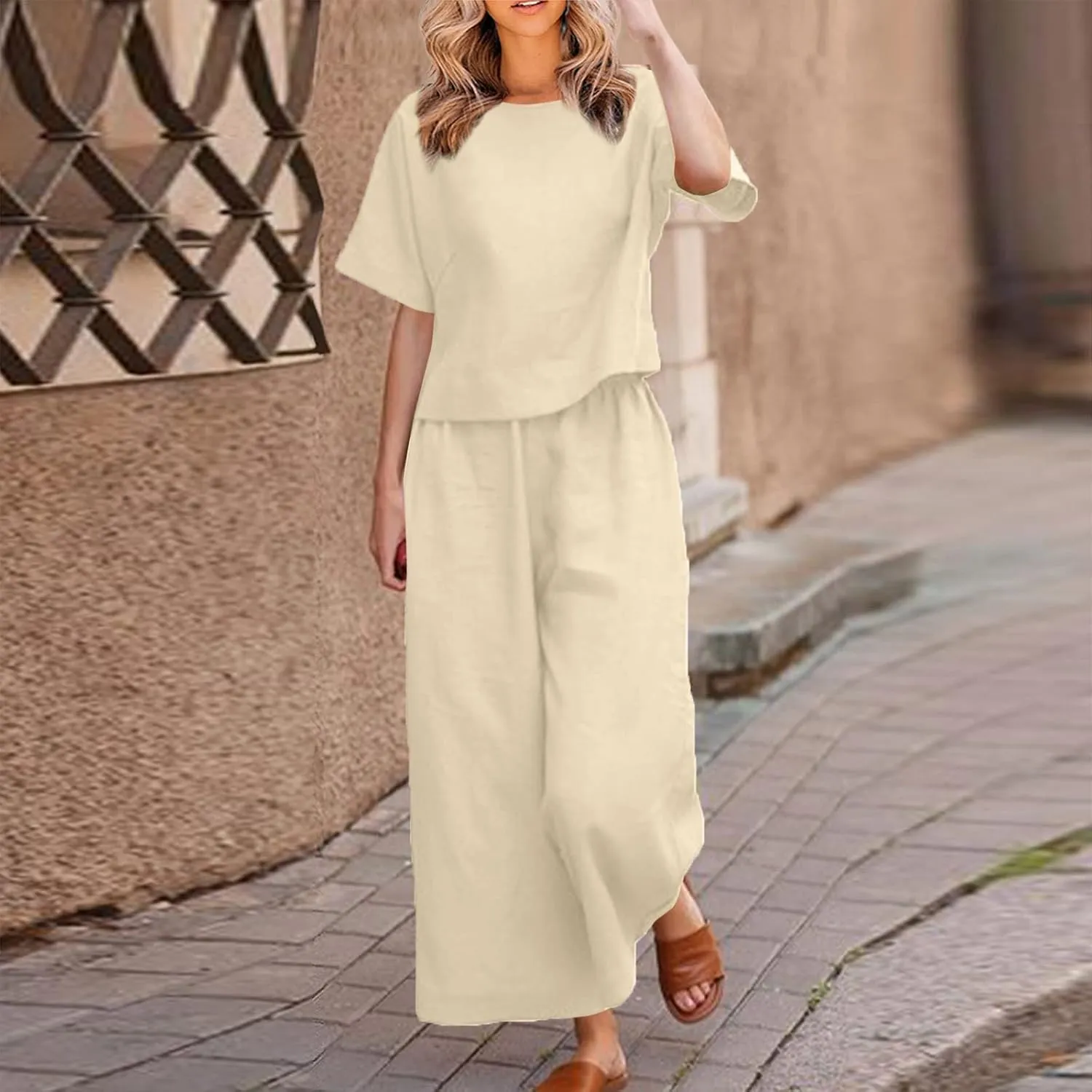 Cotton Linen Sets for Women 2 Piece Lounge Set Summer Outfits Short Sleeve Crop Top Wide Leg Capri Pants with Pockets