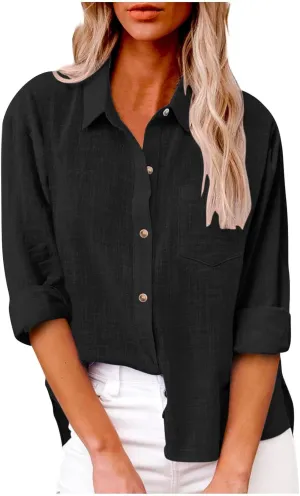 Cotton Linen Shirts for Women 2025 Spring Summer Tops Button Down Blouses with Chest Pocket Solid Shirts Plus Size