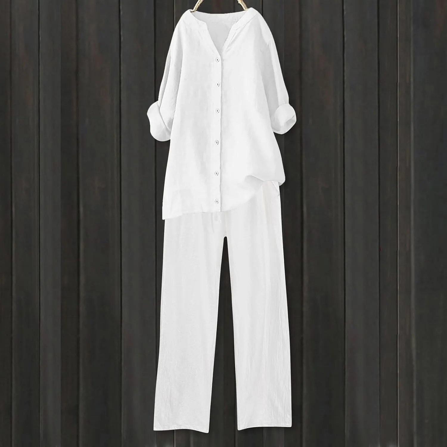 Cotton Linen Shirts for Women Loose Fit Summer Oversized Long Sleeve Button Shirt Wide Leg Pants Tracksuit