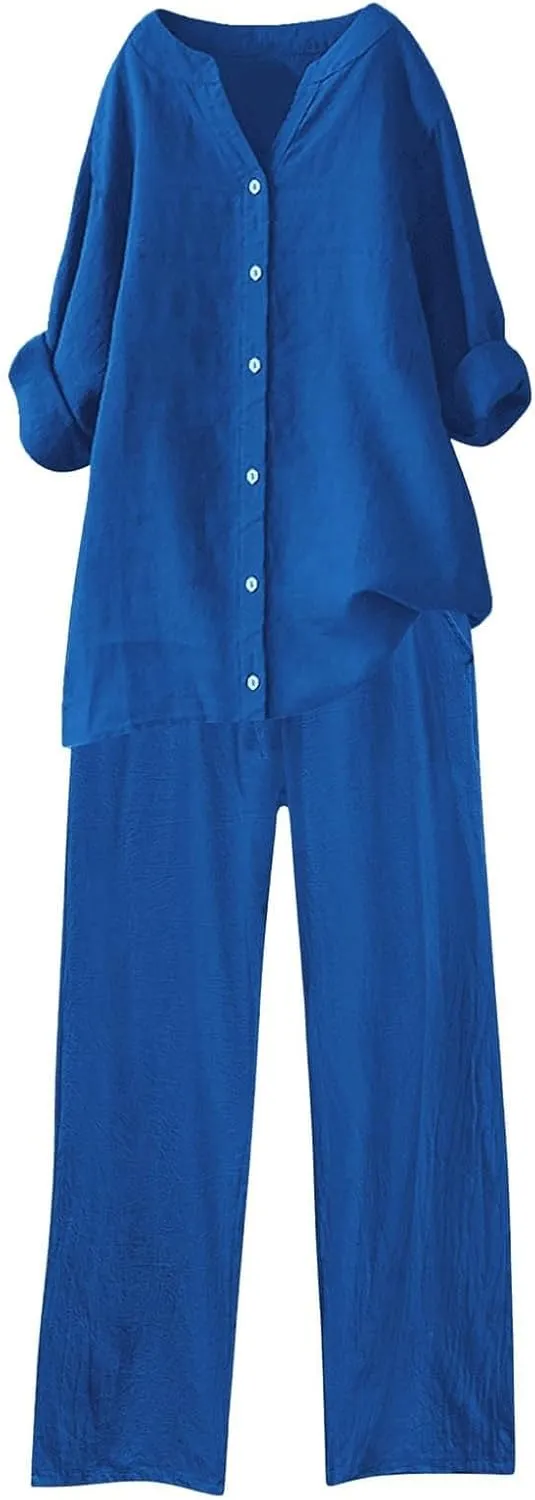 Cotton Linen Shirts for Women Loose Fit Summer Oversized Long Sleeve Button Shirt Wide Leg Pants Tracksuit