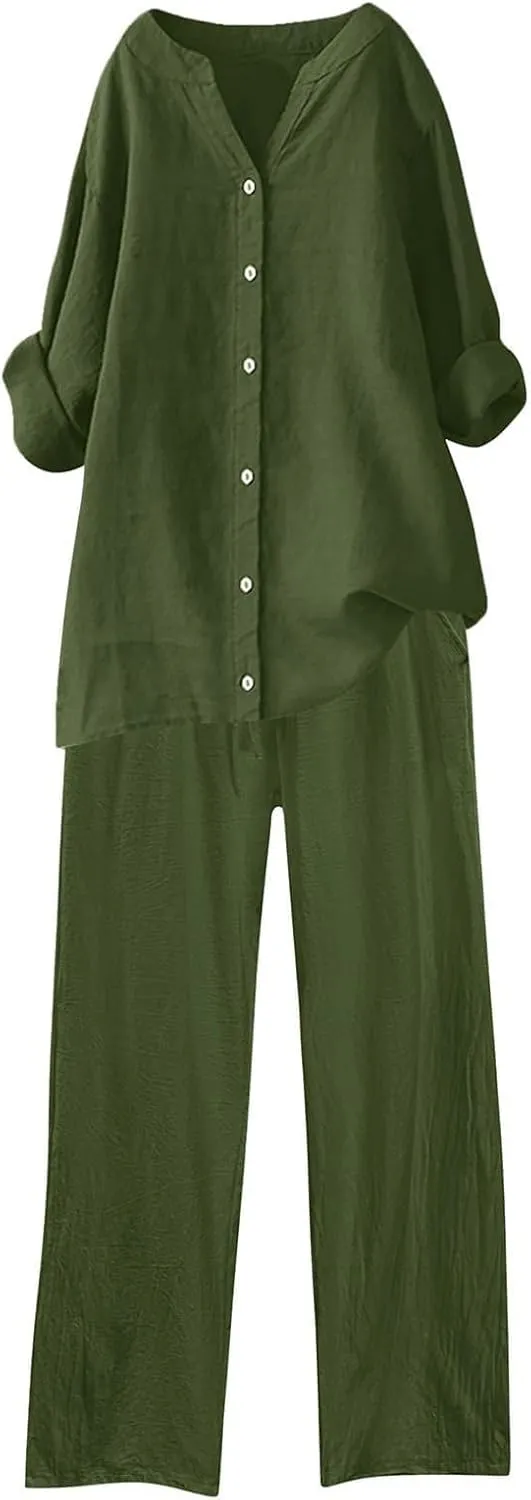 Cotton Linen Shirts for Women Loose Fit Summer Oversized Long Sleeve Button Shirt Wide Leg Pants Tracksuit