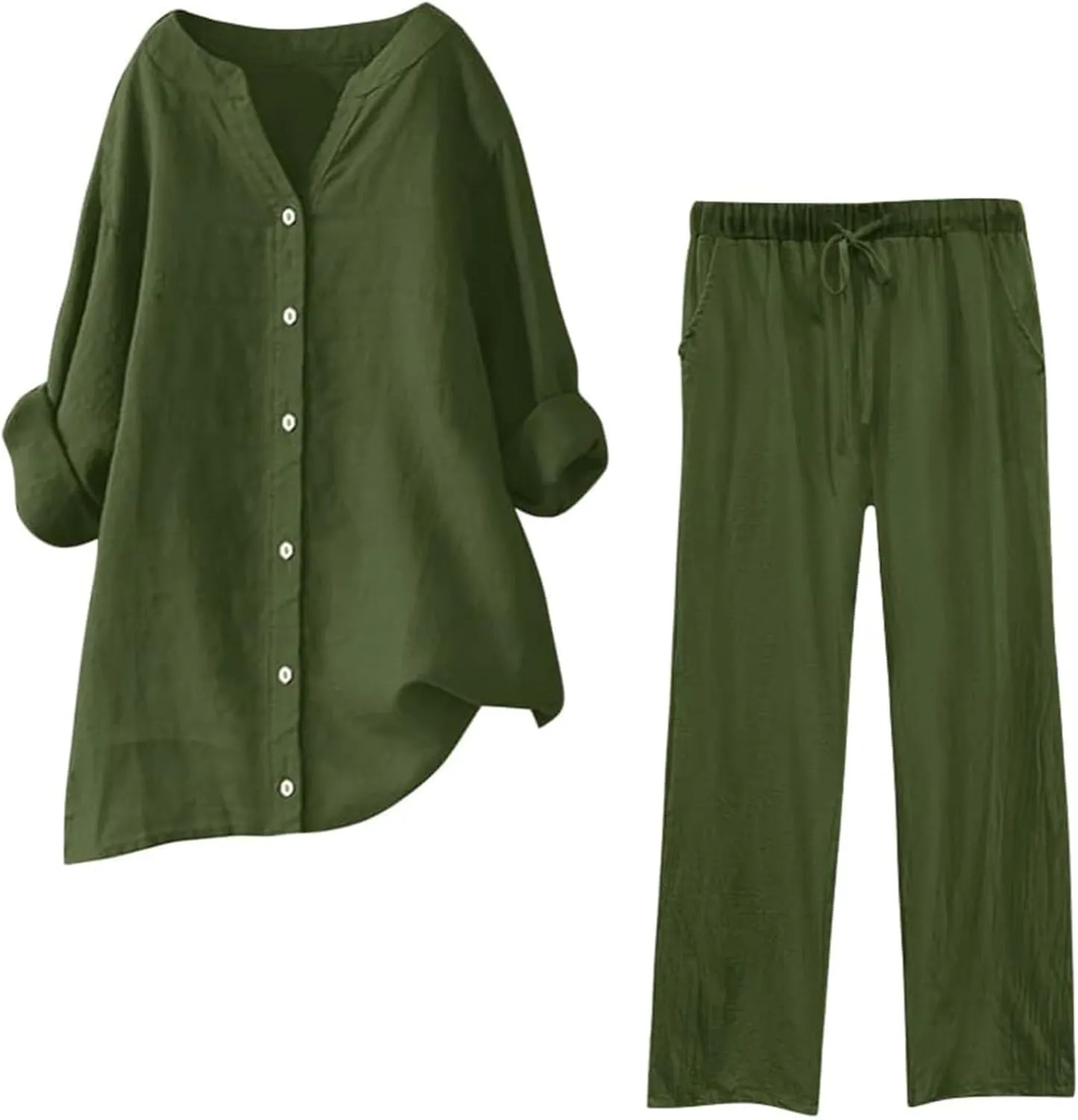 Cotton Linen Shirts for Women Loose Fit Summer Oversized Long Sleeve Button Shirt Wide Leg Pants Tracksuit