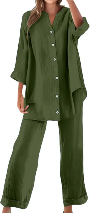 Cotton Linen Shirts for Women Loose Fit Summer Oversized Long Sleeve Button Shirt Wide Leg Pants Tracksuit