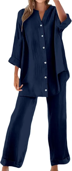 Cotton Linen Shirts for Women Loose Fit Summer Oversized Long Sleeve Button Shirt Wide Leg Pants Tracksuit