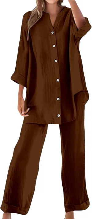 Cotton Linen Shirts for Women Loose Fit Summer Oversized Long Sleeve Button Shirt Wide Leg Pants Tracksuit
