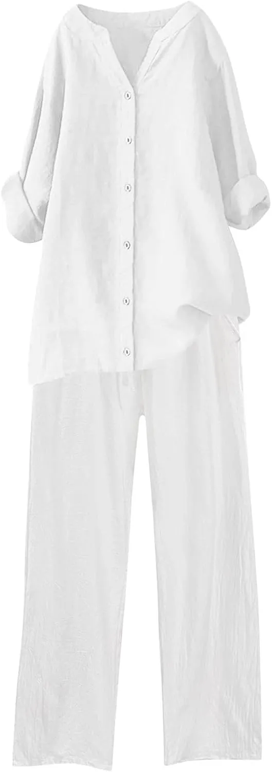 Cotton Linen Shirts for Women Loose Fit Summer Oversized Long Sleeve Button Shirt Wide Leg Pants Tracksuit